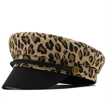 Новая женская шляпа-берет с леопардовым принтом, хлопковая кепка художника, восьмиугольная темно-синяя шляпа в британском стиле, уличная кепка газетчика для девочек Изображение