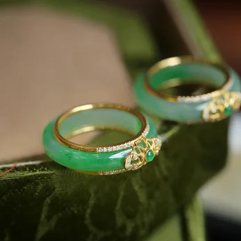 Новые кольца с натуральными зелеными кристаллами халцедона для женщин, Роскошные Свадебные украшения в китайском стиле, изысканный Съемный подарок Изображение