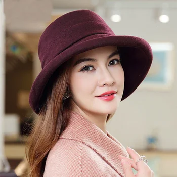Осенне-зимние женские высококачественные шерстяные шляпы-ведра, модная теплая фетровая шляпа рыбака с широкими полями Изображение