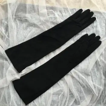 Осенне-зимние женские перчатки из 100% натуральной кожи длиной 45 см, перчатки из овчины и козьей кожи, мягкие черные замшевые перчатки R795 Изображение