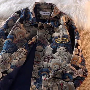 Осенне-зимняя Модная Повседневная Куртка с отворотом и милым принтом Медведя для мужчин и женщин, однобортный пиджак 2022, Новая Женская одежда Изображение