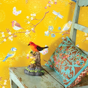 Пасторальные цветы и птицы, нетканые обои с цветочным рисунком для спальни, гостиной, ТВ-фона, домашнего декора, настенного покрытия, Рулон желтого цвета Изображение
