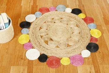 Плетеный индийский коврик из хлопка и джута для любой комнаты, круглый коврик для пола, тряпичный коврик для йоги, 3 фута, коврики для гостиной Изображение