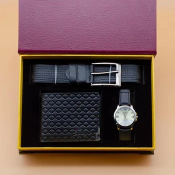 Подарочный набор мужских часов из 3 предметов, Модные мужские кварцевые наручные часы с кожаным ремнем, кошелек, Подарочная коробка для мужчины-бойфренда На День отца Изображение