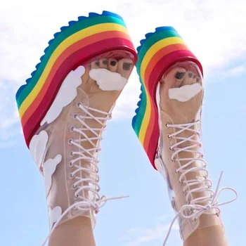 Разноцветная обувь на платформе из ПВХ, на шнуровке, радужное облако, кожаные ботильоны, увеличивающие рост, уличная обувь для отдыха Прямая поставка Изображение