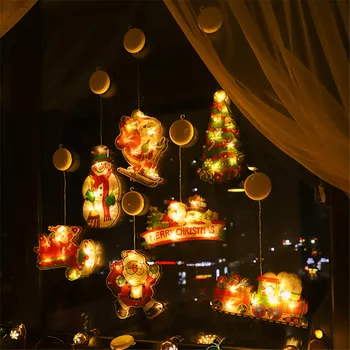 Рождественская елка, Санта, Снеговик, светодиодные фонари с присоской, Праздничное украшение окна на Новый Год, Сказочный декор, подвесные светильники Изображение