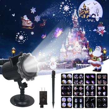 Рождественский лазерный проектор С Анимационным Эффектом IP65 для помещений/На открытом воздухе, Проектор на Хэллоуин, 12 Узоров, Лазерный луч в виде Снежинки/Снеговика Изображение