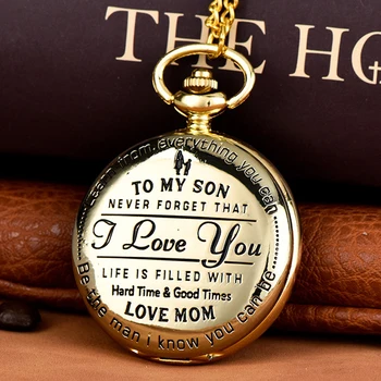 Роскошь Для моего сына, Я люблю тебя, Резные кварцевые карманные часы для сына, мальчики, гравированный корпус, брелок, часы, детские подарки на День рождения Изображение