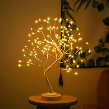 Сказочный светодиодный Ночник 108 светодиодов, Мини-Рождественская настольная лампа в виде Брич-елки, работающая на батарейках/USB, Прикроватная лампа для домашнего декора Комнаты, рабочего стола Изображение