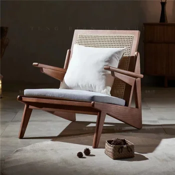 Скандинавское кресло из ротанга из массива дерева в японском стиле, Кресло для отдыха на балконе, одноместный диван, Кресло для дома в японском стиле Изображение