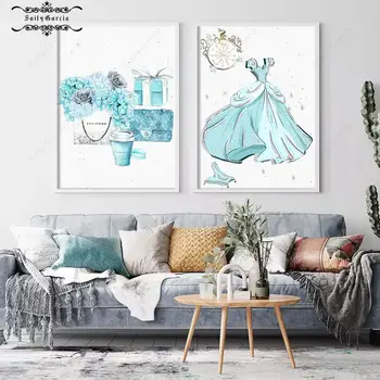 Скандинавское минималистичное Небесно-голубое платье, Сумочки, Подарок, цветочный Плакат и принты, настенное художественное оформление комнаты для девочек, картины для интерьера Изображение
