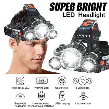 Супер яркий светодиодный налобный фонарь перезаряжаемый 3XT6 светодиодный налобный шлем Изображение