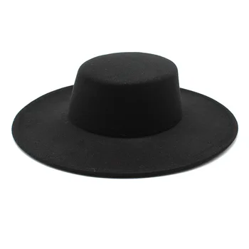 Французская женская шляпа С большими широкими полями 10 см, Фетровая шляпа, Зимняя шерстяная шляпа в стиле Дерби, Свадебные джазовые шляпы, Фетровая шляпа с плоским верхом Изображение