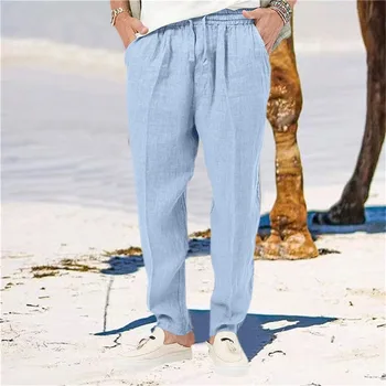 Хлопок летняя мужская льняная брюки повседневные пляжные брюки с эластичной талией голени сложите брюки для бега йоги  Изображение