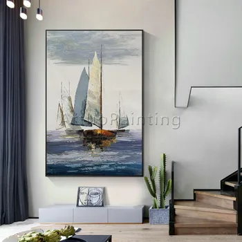 Холст, масло, декор для комнаты, парусная лодка, корабль, яхта, акриловая живопись, настенные художественные картины Для гостиной, морской пейзаж Изображение