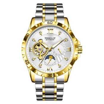 Циферблат с рисунком Тиссели, Нержавеющая Сталь, Золото, Выдалбливают Автоматические часы для мужчин, Moon, Механические reloj hombre Luxury Изображение