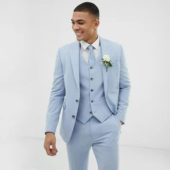 Элегантные костюмы для мужчин, модный новый льняной блейзер с отворотами, свадебный костюм Жениха, повседневный облегающий мужской костюм, куртка, жилет, брюки Изображение