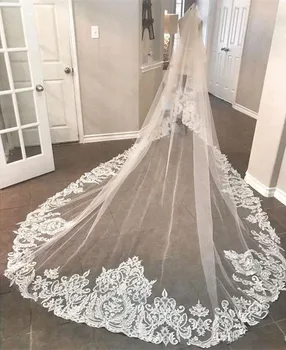 Элегантные новые Свадебные вуали 2019 длиной 3 метра, длина до собора, кружевная аппликация в реальном изображении, тюлевая фата невесты с гребнем Изображение