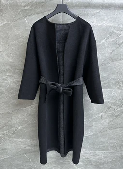 осеннее женское новое шерстяное пальто 2023 года, дизайн с круглым вырезом, Высокое качество, Модный темперамент, Тонкий, мягкий и удобный Изображение