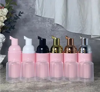 розовая бутылка объемом 30 мл, цвет серебристый, золотой, черный, белый, розовый, пенящийся насос, мусс для лица, жидкость для мытья рук, вода, лосьон упаковка Изображение