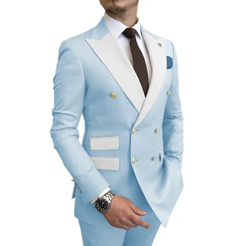 синий деловой костюм из 2 предметов, праздничный фрак с золотыми пуговицами, двубортный мужской свадебный костюм жениха (пиджак + брюки) Изображение